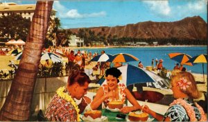 United Air Lines, Sipping Drink on Waikiki Beach HI Vintage Postcard H68