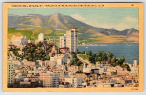 RUSSIAN HILL SKYLINE MT TAMALPAIS IN BACKGROUND SAN FRANCISCO CA LINEN POSTCARD