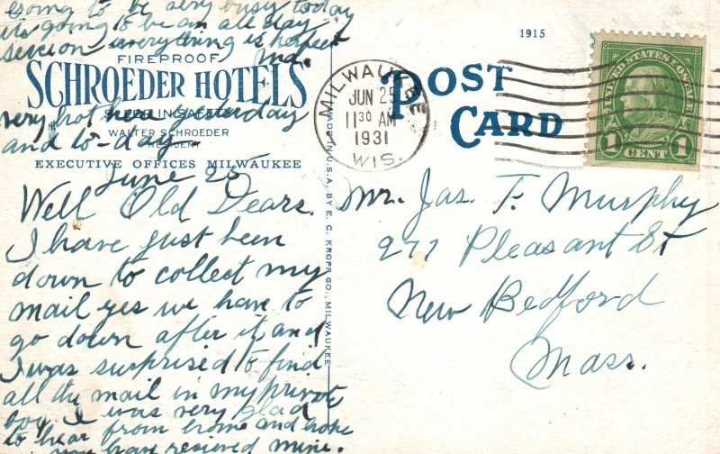 Vintage Postcard 1931 Fireproof Schroeder Hotels Offices Milwaukee Wisconsin WI