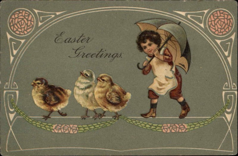 EASTER Little Boy w Umbrella Follows Chicks ART DECO c1910 Postcard