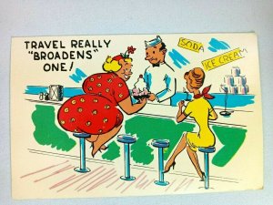 Vintage Postcard Travel Really Broadens One! Women in Soda Shop Comic