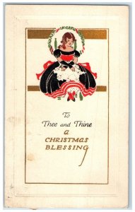 1914 Christmas Blessing Pretty Woman Volland Arts Crafts Embossed Postcard 