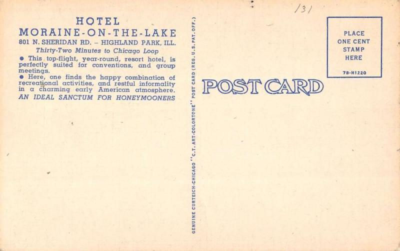 Highland Park Illinois Hotel Moraine Main Entrance Linen Antique Postcard K19902