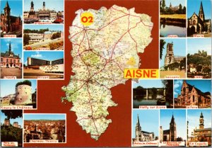 Postcard France Map -  Aisne - Map with pictures of city landmarks