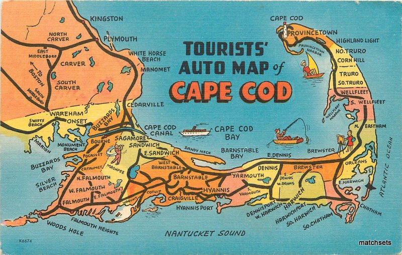 1940s Map Attractions Auto Camp CAPE COD postcard 644 South Shore