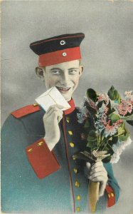 WWI Era Postcards 2 Pictures Goofy Shy French Soldier With Letter and Flowers