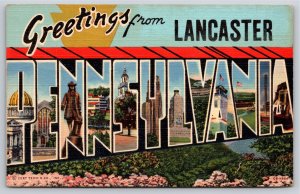 Lancaster PA~Pink Flowers On Mountain~Large Letter Vintage Linen Postcard