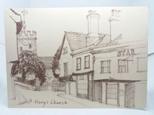 St Marys Church & The Star Inn Guildford Surrey Vintage Sketch Drawing Postcard