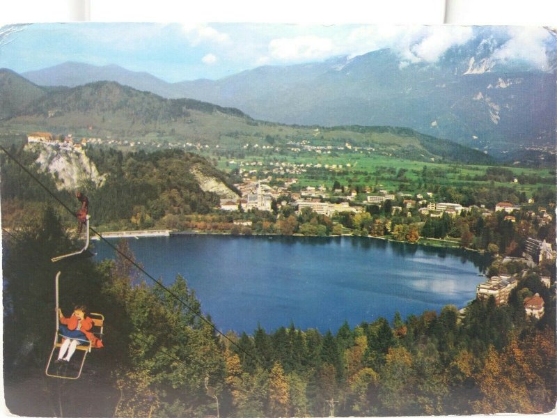 Vintage Postcard Panoramic View of Bled Slovenia Jugoslavija Showing Chairlift