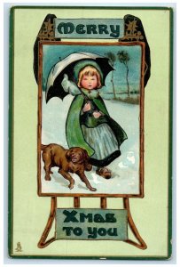 c1910's Merry Christmas Dutch Girl With Dog Winter Scene  Tuck's Posted Postcard