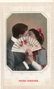 Vintage Postcard 1910s Yours Forever Lovers Kissing Behind Victorian Fan Artwork