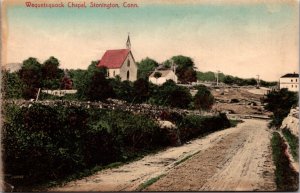 Hand Colored Postcard Wequetequock Chapel in Stonington, Connecticut