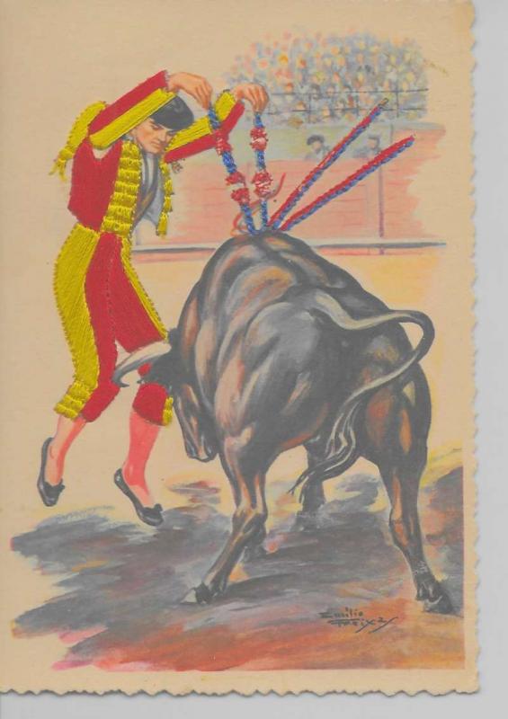 Portugal bullfight matador bull attached silk artist signed antique pc Z31019