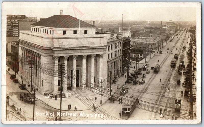 c1910s Winnipeg, Canada SHARP RPPC Bank Montreal Telegraph Streetcar Signs A187