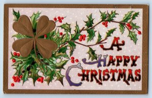 Rubicon Wisconsin WI Postcard Christmas Holly Berries Clover Embossed c1910's