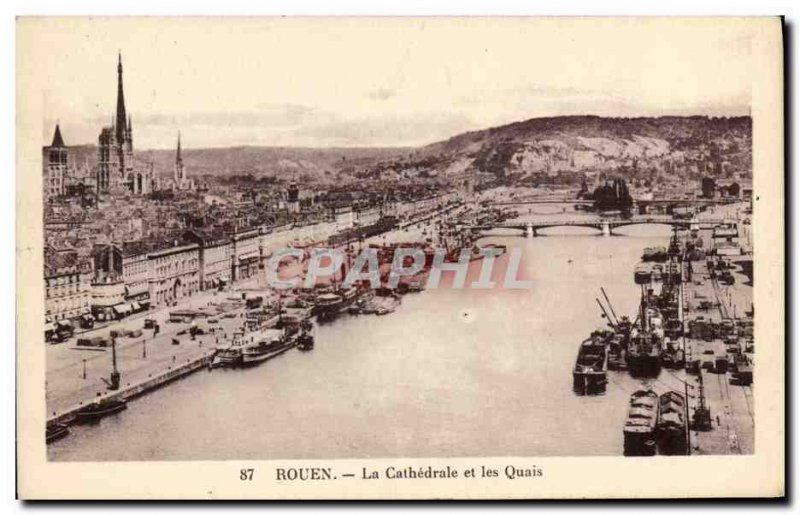 Old Postcard Rouen Cathedral and Boat Quays