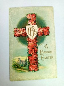 Vintage Postcard A Bright Easter Cross with Flowers Embossed