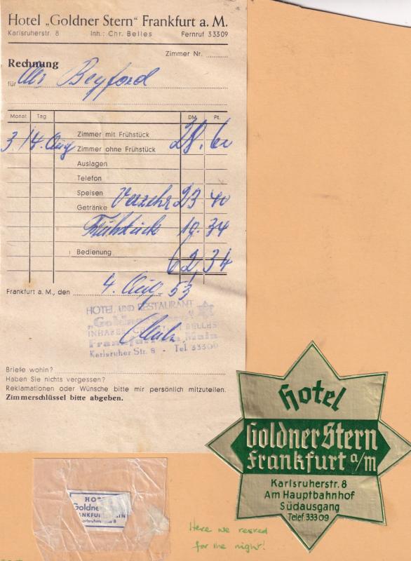 Hotel Goldner Stern Frankfurt AM German 1950s Receipt