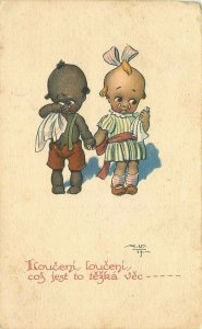 Artist impression Black Boy & Girl holding hands crying C-1910 Postcard 10322