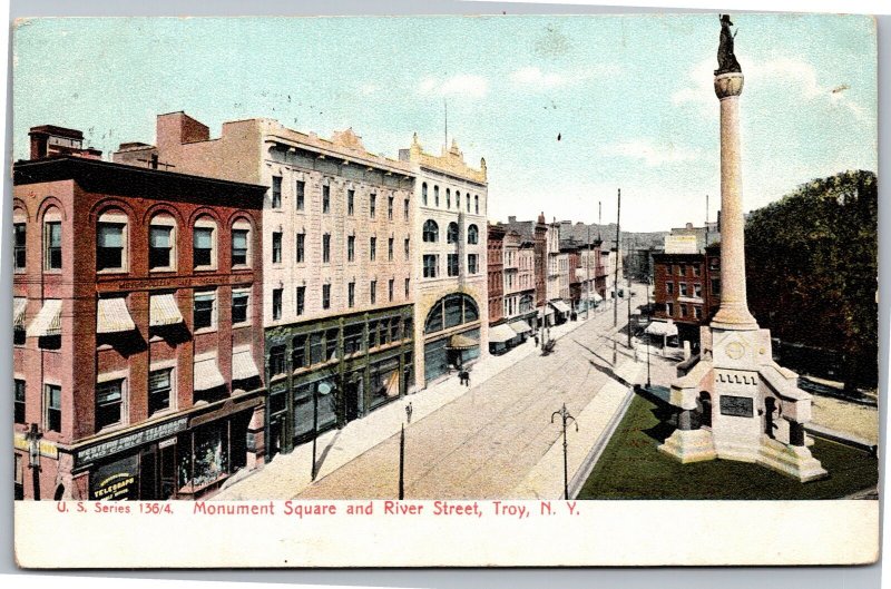 Postcard NY Troy Monument Square and River Street