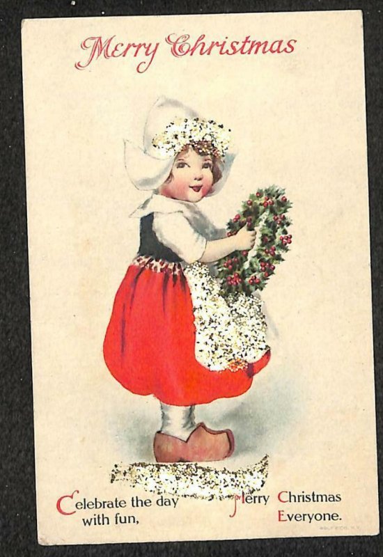 CHRISTMAS HOLIDAY DUTCH CHILD GIRL GLITTER ADDED POSTCARD (c. 1910)