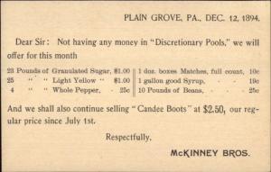 Plain Grove PA McKinney Bros 1894 1Cent Postal Card jrf