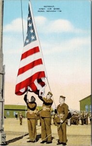 Retreat Army Air Base Reno NV Nevada Soldiers USA Flag Unused Linen Postcard F74