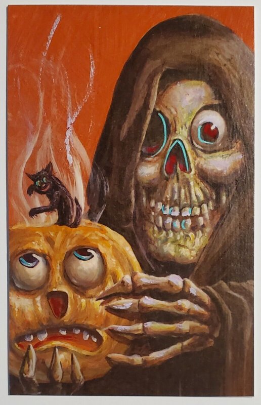 Halloween Matthew Kirscht Hand Altered Ltd 1/5 Skeleton Jol Cat 2023 Postcard MK