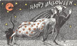 E20/ Halloween Holiday Postcard c1980 Vampire Woman Black Cat Moon Motorcycle 33