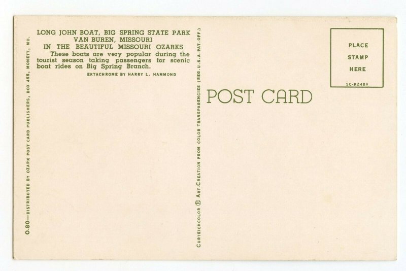 Postcard Long John Boat Big Spring State Park Van Buren MO Standard View Card 