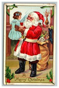 Vintage 1912 Christmas Postcard - Santa Claus Holds Cute Child Toys Mistletoe