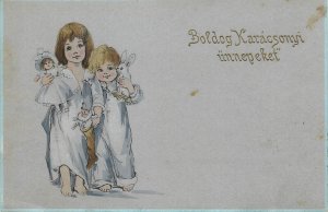 Lovely drawn girls with doll bunny toys Hungary 1912 Easter greetings postcard