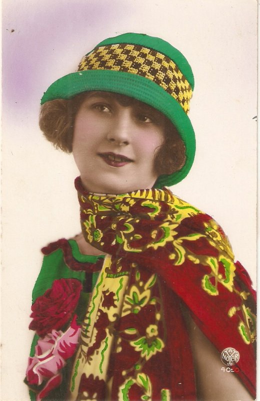 Pretty smilling lady. Fantasy dress and hat Nice old vintage French postcard