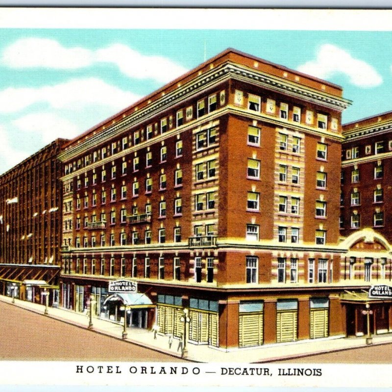 c1940s Decatur, IL Hotel Orlando Downtown Roadside Street Scene Linen PC A272