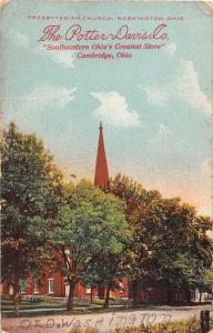 E31/ Old Washington Ohio Postcard Cambridge Potter-Davis Ad Presbyterian Church