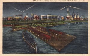 Vintage Postcard 1947 East 9th St. Pier and Skyline at Night Cleveland Ohio OH