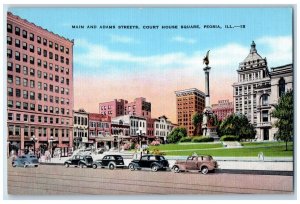 c1940 Main Adams Streets Court House Square Peoria Illinois IL Vintage Postcard 