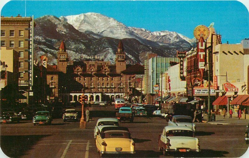 Autos Bus Colorado Springs Colorado 1950s Pikes Peak Postcard Sanborn 12317