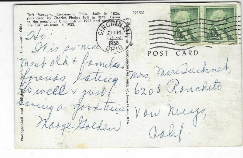 1958 postcard, Taft Museum, Cincinnati, Ohio