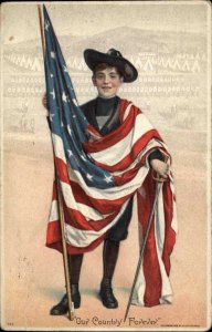 Patriotic Boy and Sword Wrapped in American Flag Pre-1910 Vintage Postcard