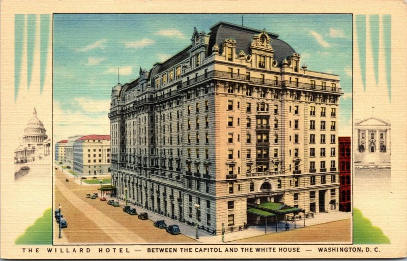 Vtg 1940 Willard Hotel Between Capitol White House Washington DC Linen Postcard