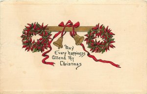 Embossed Christmas Postcard 7012 Poinsettia Wreaths & Gold Bells, Unposted