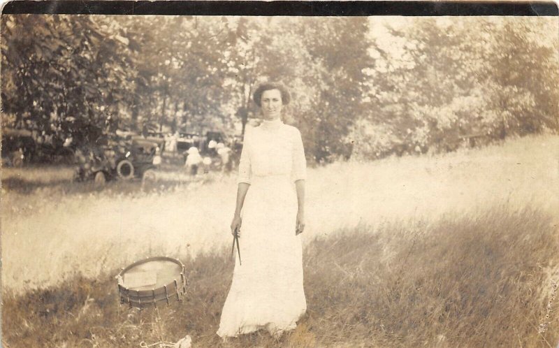 1910s RPPC Real Photo Postcard Woman With Drum & Drum Sticks prob Athens Ohio