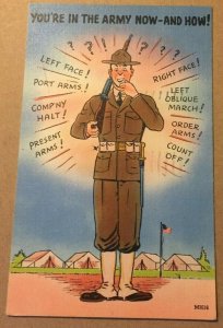 VINTAGE 1942 USED .01 LINEN POSTCARD YOU'RE IN THE ARMY NOW - AND HOW!