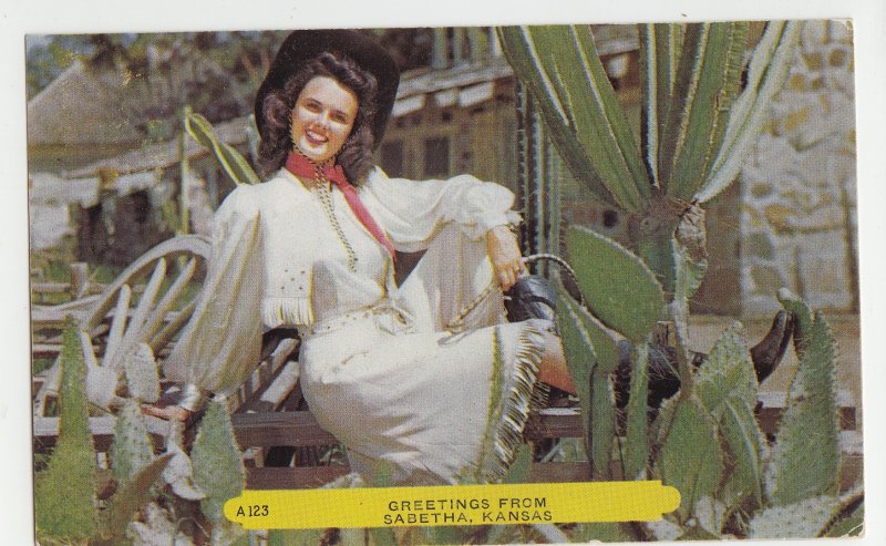 P2795, 1954 pretty girl nice smile western outfit greetings sabetha kanas