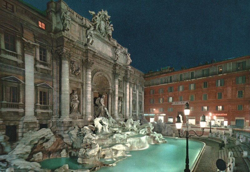 Vintage Postcard Roma Fontana Di Trevi Notturno Baroque Masterpiece Rome Italy