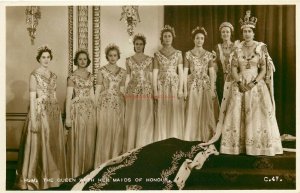 H.M. Queen Elizabeth II with her maids of Honour, RPPC