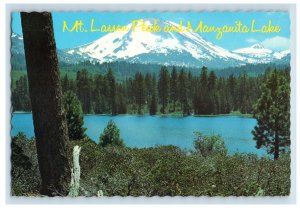 Vintage Mt. Lassen Peak With Manzanita Lake In Foreground Postcard 7GE