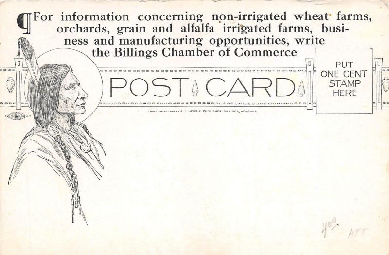 A24/ MONTANA Mt Postcard 1909 BILLINGS Sugar Factory NATIVE AMERICAN INDIAN 