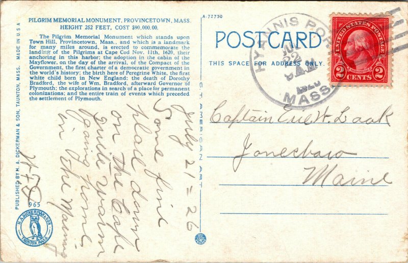 Vtg 1920s Pilgrim Memorial Monument Provincetown Massachusetts MA Postcard